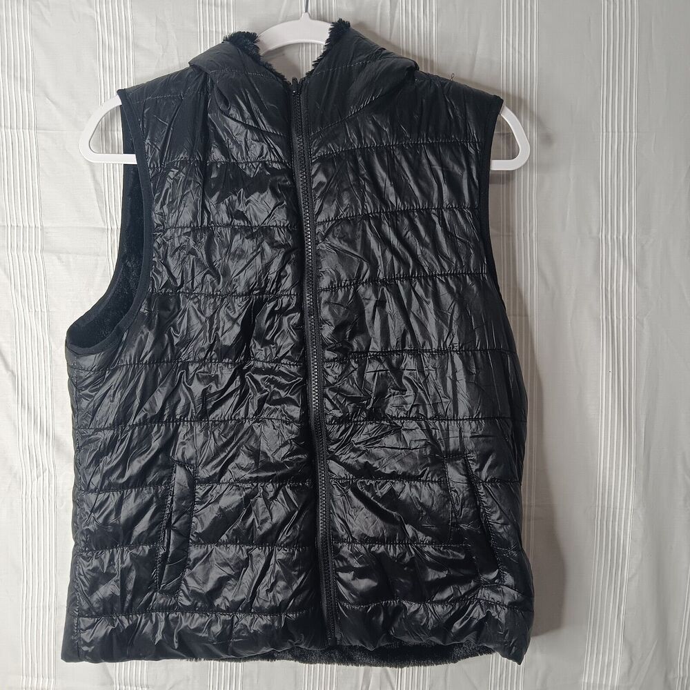 Cavalini Outerwear Reversible Faux Fur Vest with Hood Black Women's Size Medium